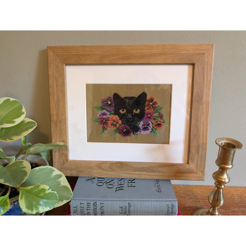 Vintage Black Cat Cross Stitch Framed Needlepoint Pansy Flowers Wall Art 10x12.5